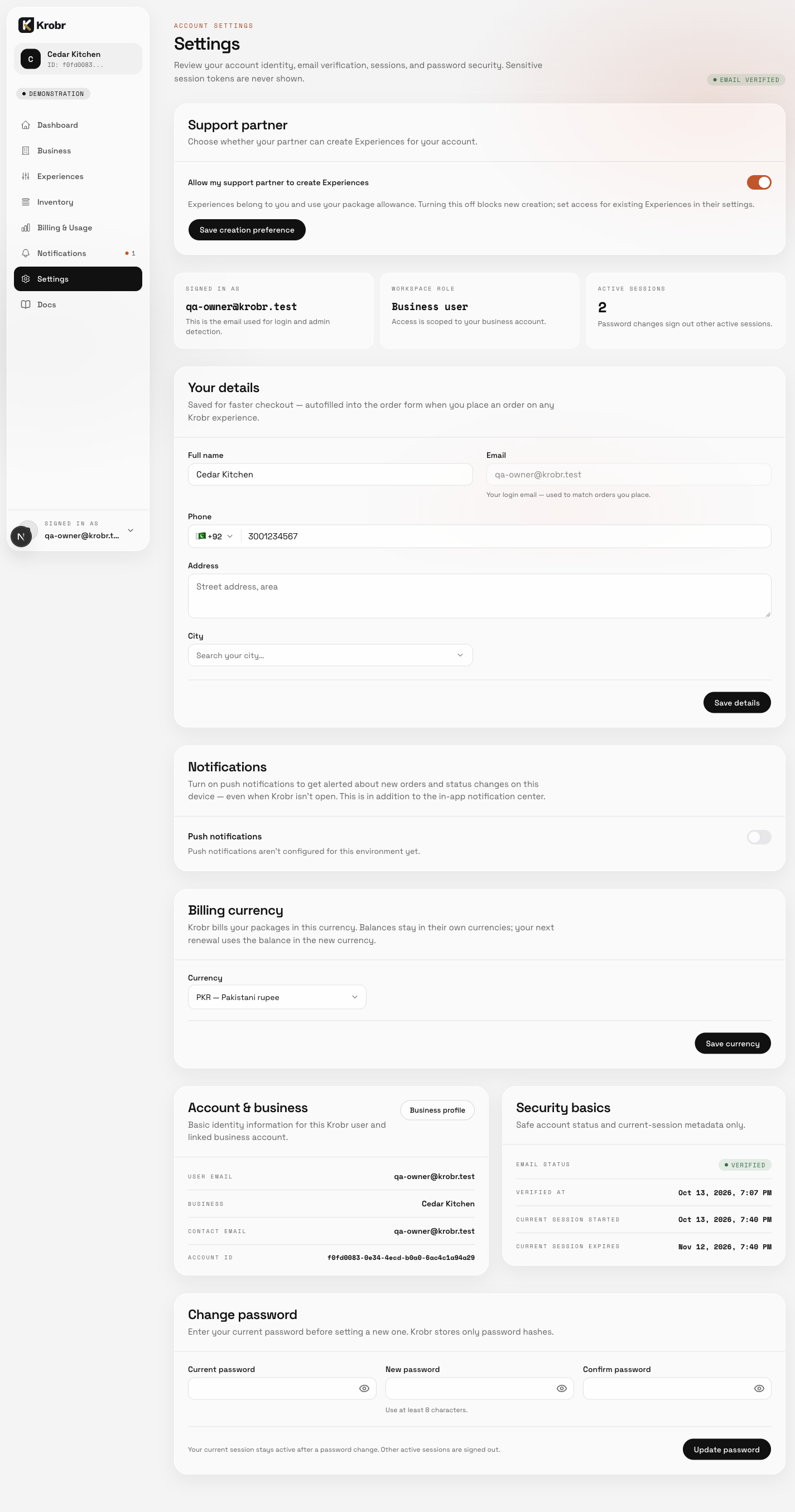 Open Settings from the workspace sidebar. This English example shows the Settings entry point, profile area and Billing currency controls; the Language card is not included in this capture. It does not show a completed currency change.