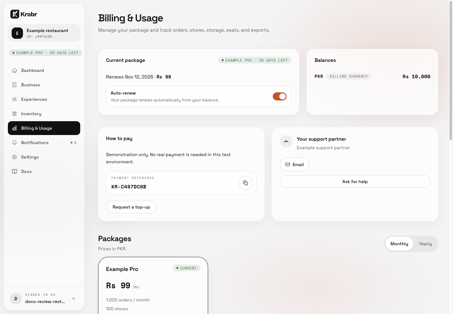 Top up your balance and read billing history and invoices: find the controls in this example screen and follow the numbered instructions above.