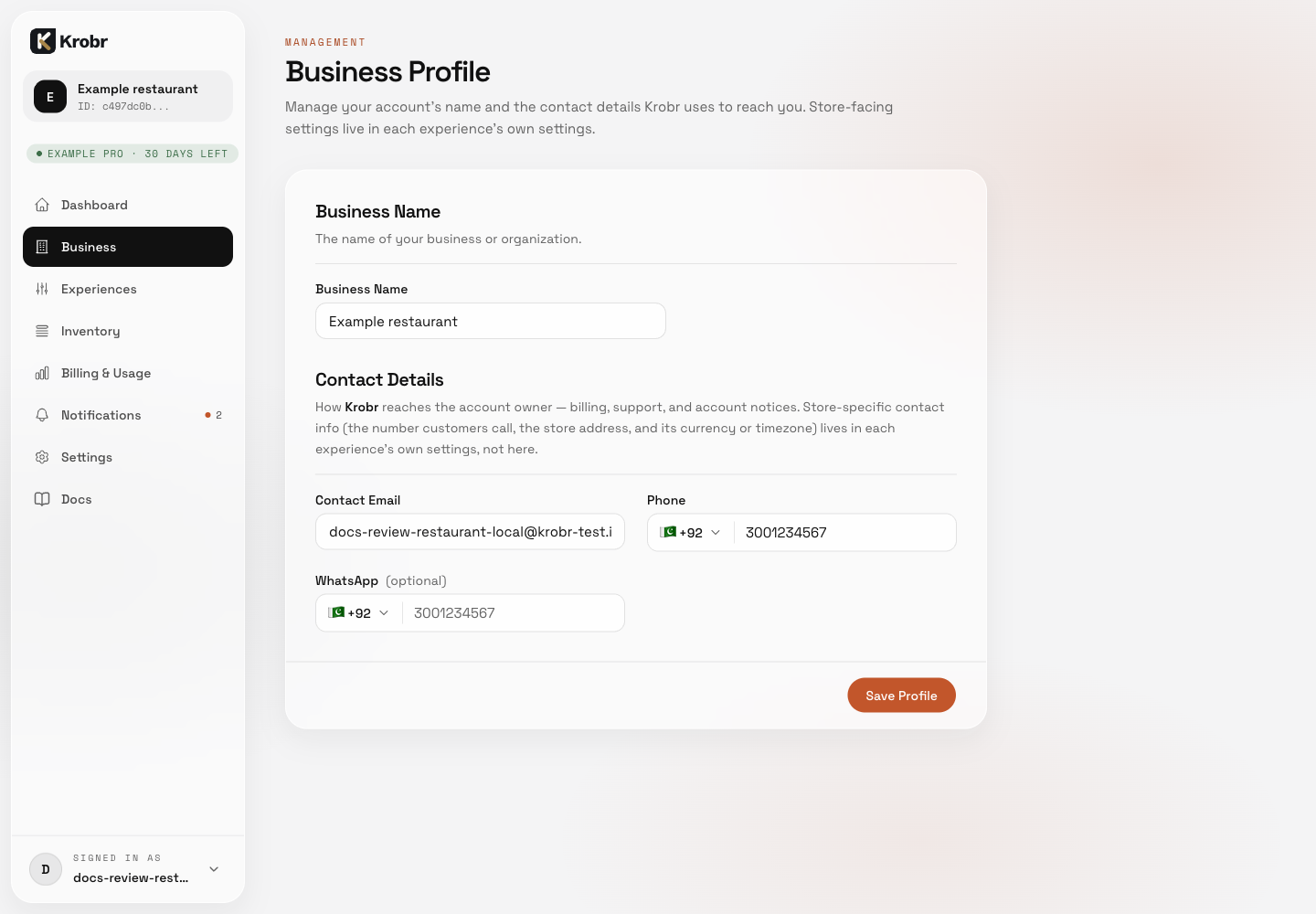 Set your business name and owner contact details: find the controls in this example screen and follow the numbered instructions above.