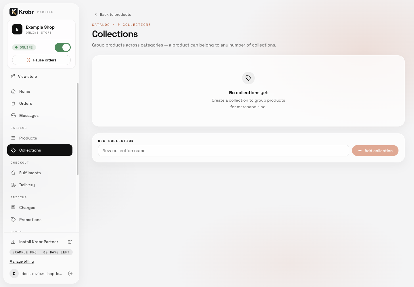 Organize shop products, categories, subcategories, and collections: find the controls in this example screen and follow the numbered instructions above. Retained English example from 13 October 2026. The Partner account area now also includes Language, which is not shown in this dated sidebar; follow the numbered steps for the current screen.