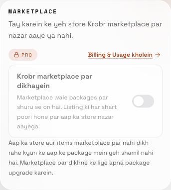 Free package example in Roman Urdu: the switch is off and locked, with an upgrade message. The store and its items remain unlisted.