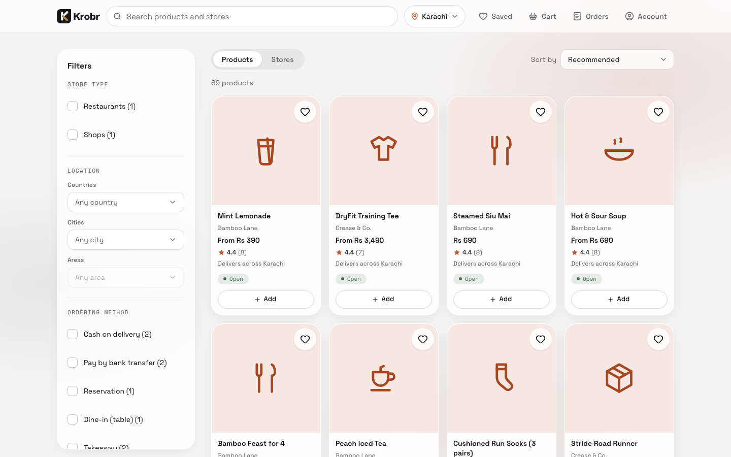Marketplace Explore on desktop: search, filters, products and stores.