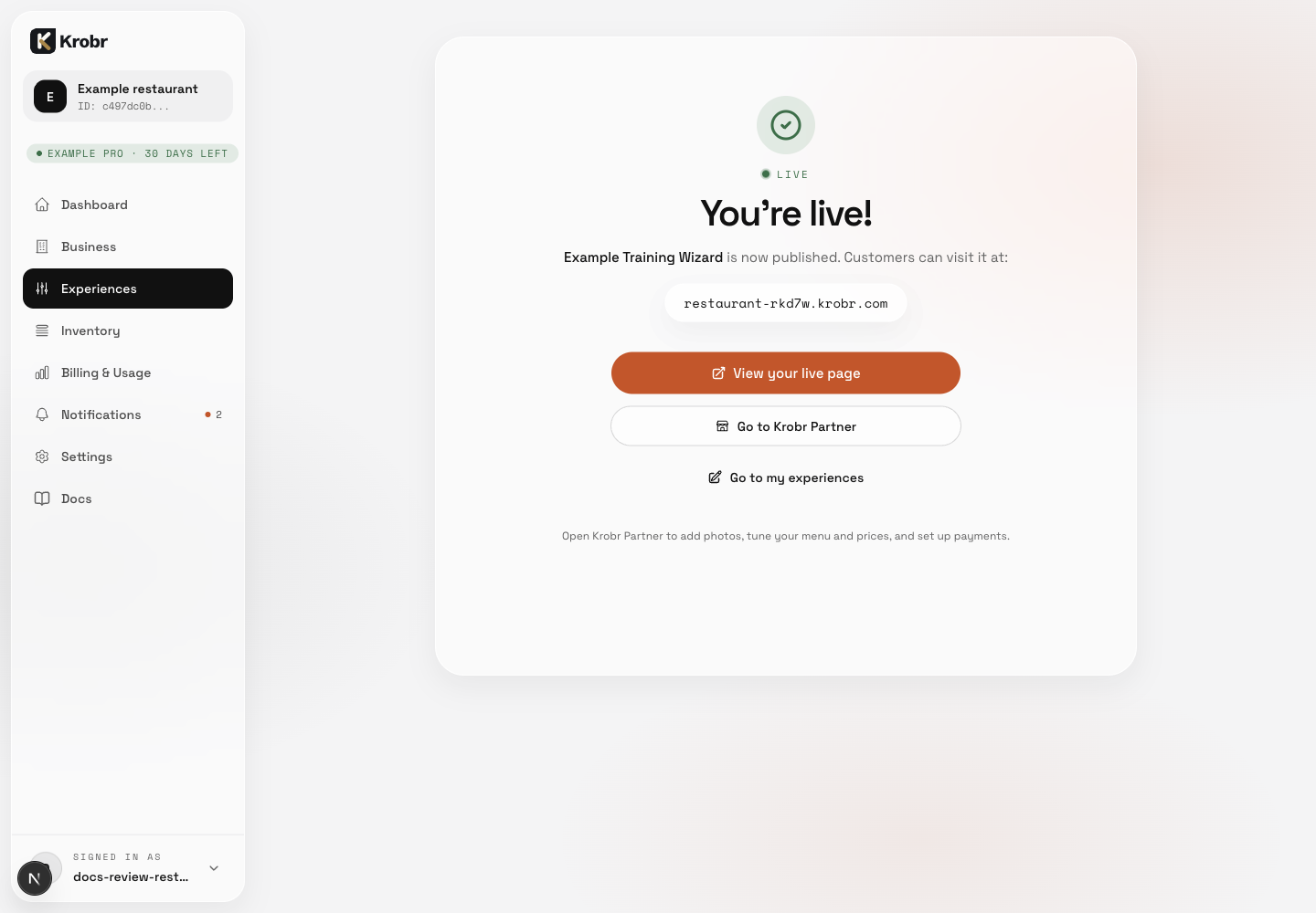 The success screen confirms publication and links to the live store, Partner and Experiences.