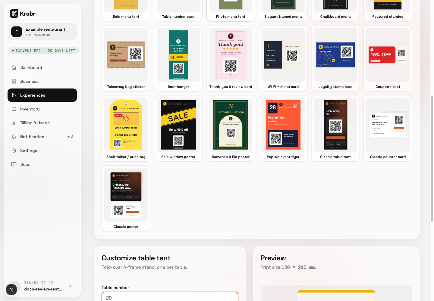 Example builder screen with a design gallery, customization panel and preview; the business card builder uses the same layout and adds Contact details.