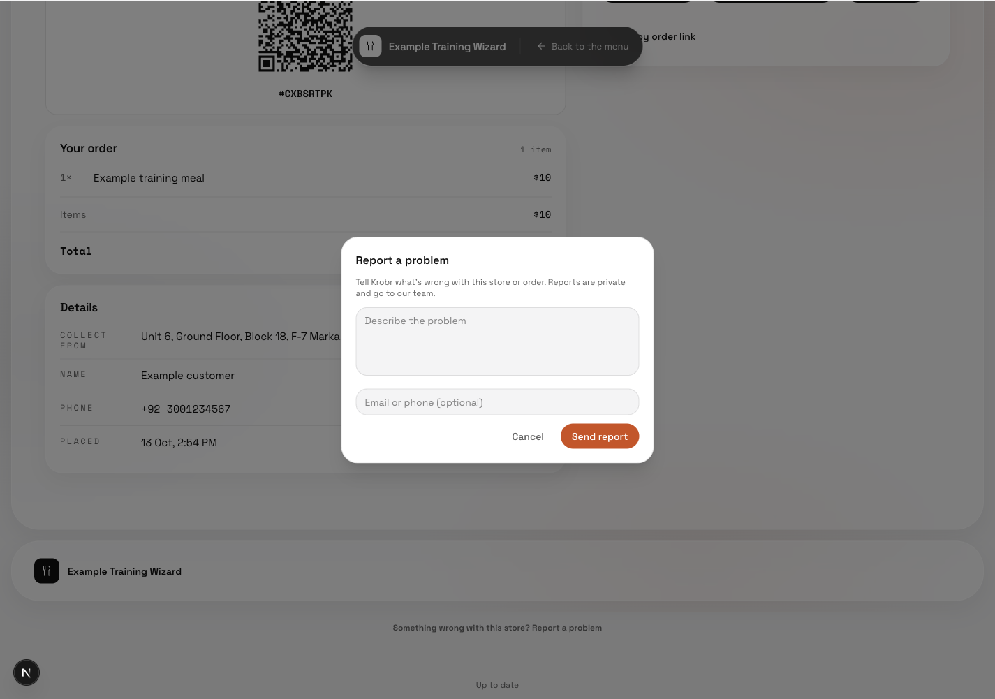 Send report sends a private problem report; it does not cancel or refund an order.