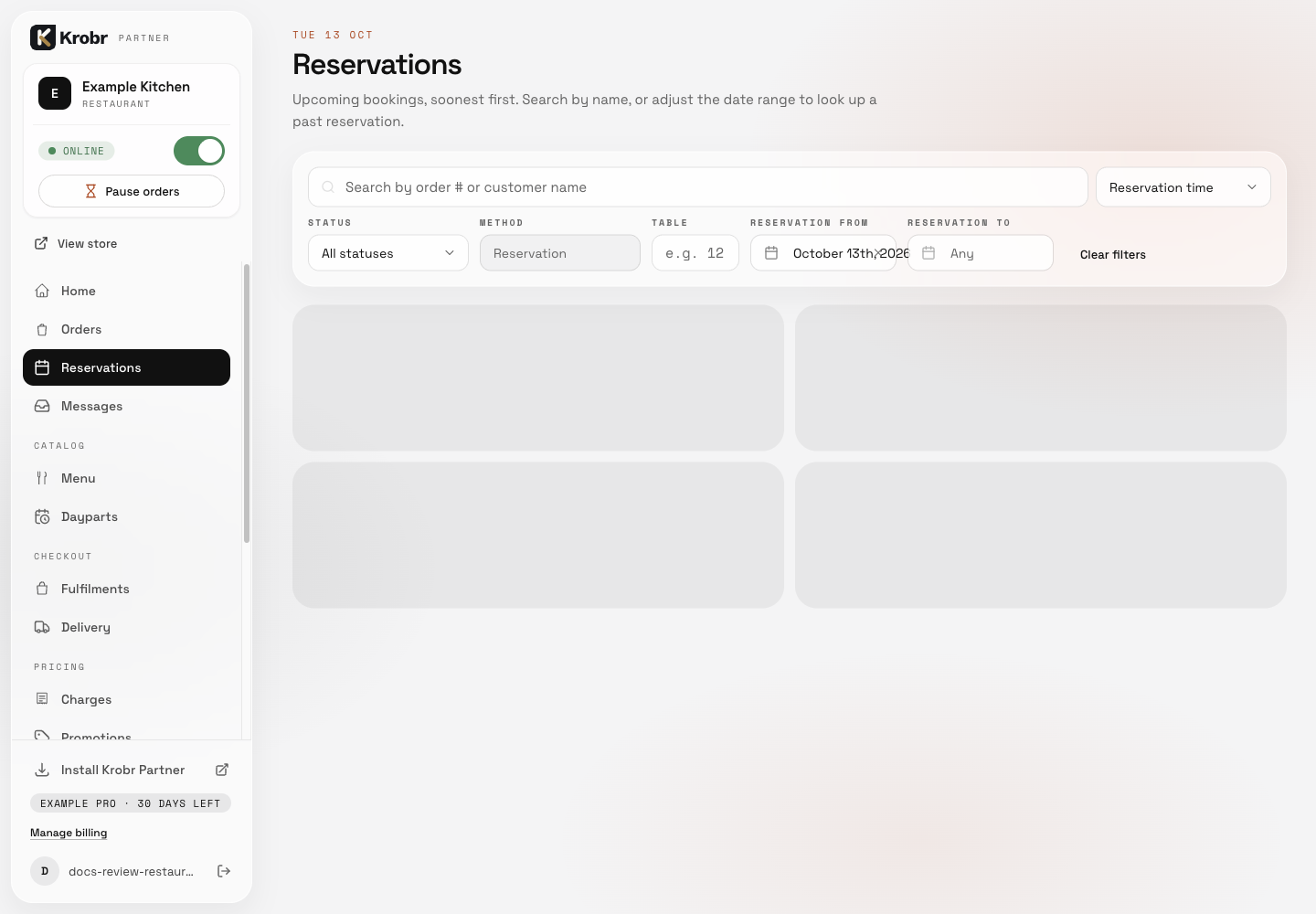 Reservation filters and loading placeholders; a completed reservation or approval result is not shown. Retained English example from 13 October 2026. The Partner account area now also includes Language, which is not shown in this dated sidebar; follow the numbered steps for the current screen.