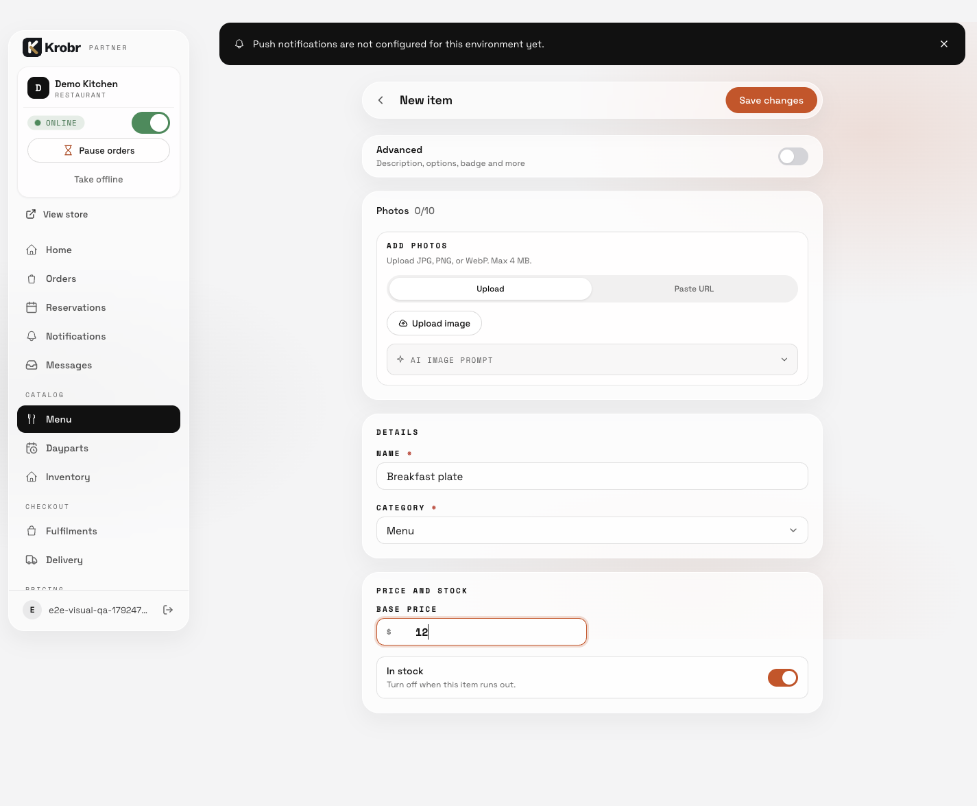 Add, edit, and organize your restaurant menu: find the controls in this example screen and follow the numbered instructions above.