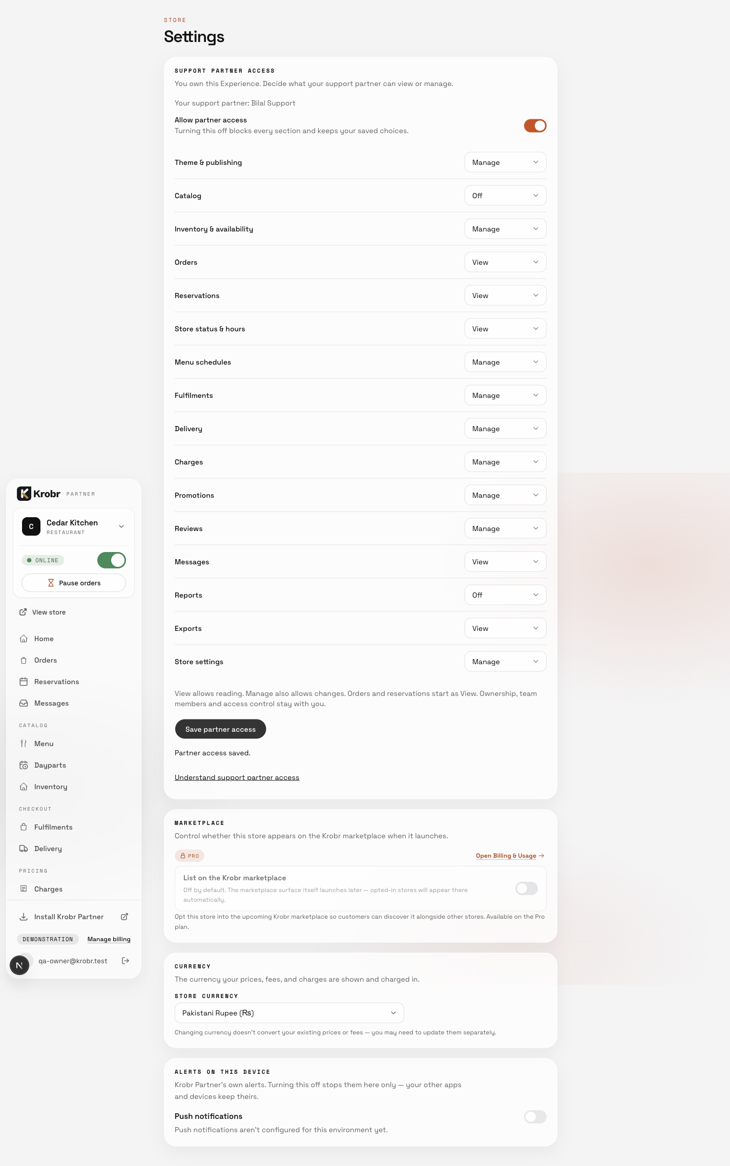 Support partner section controls with orders set to View.