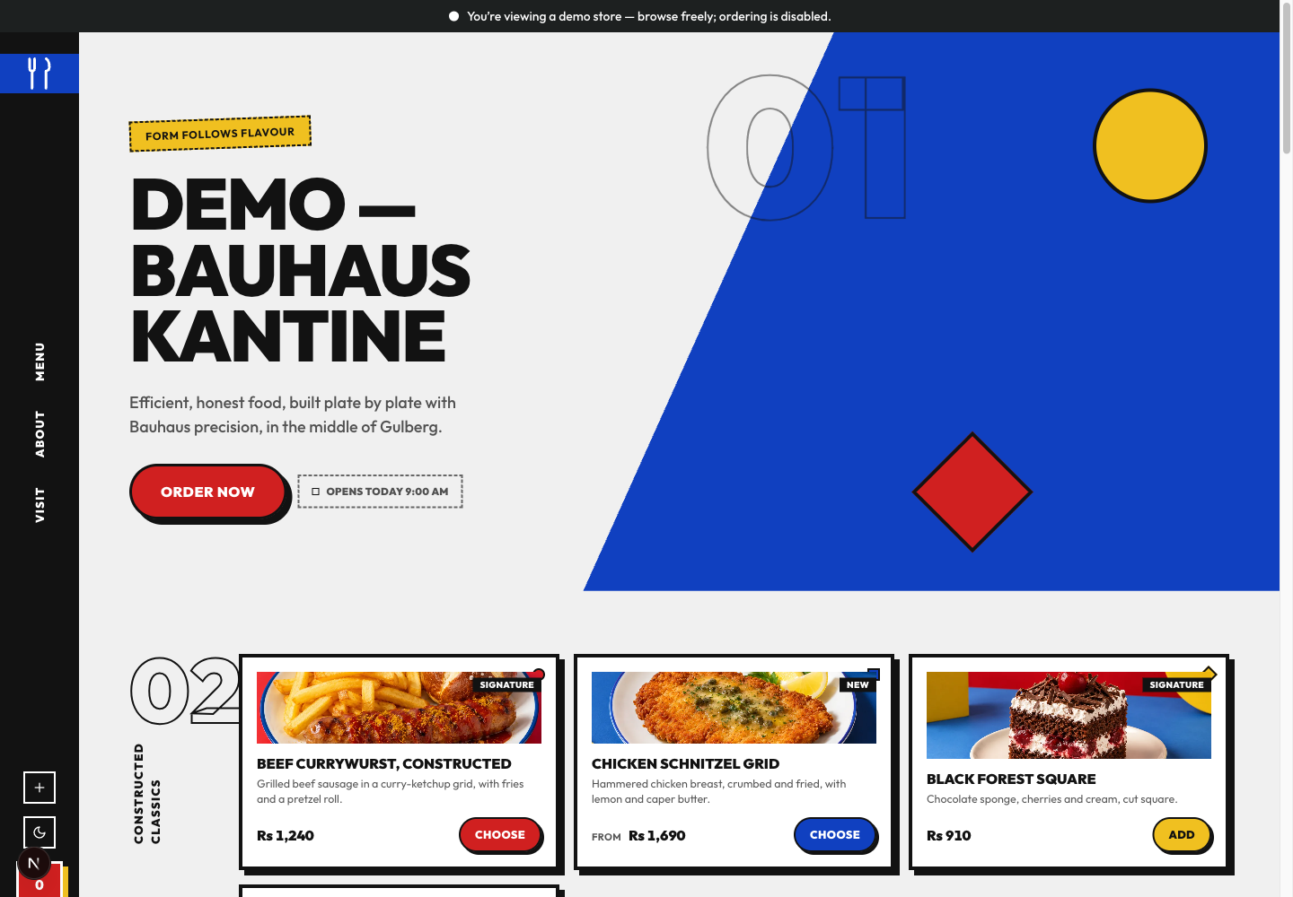 Bauhaus Restaurant theme: controls and differences: inspect this theme’s layout and navigation in the example storefront.
