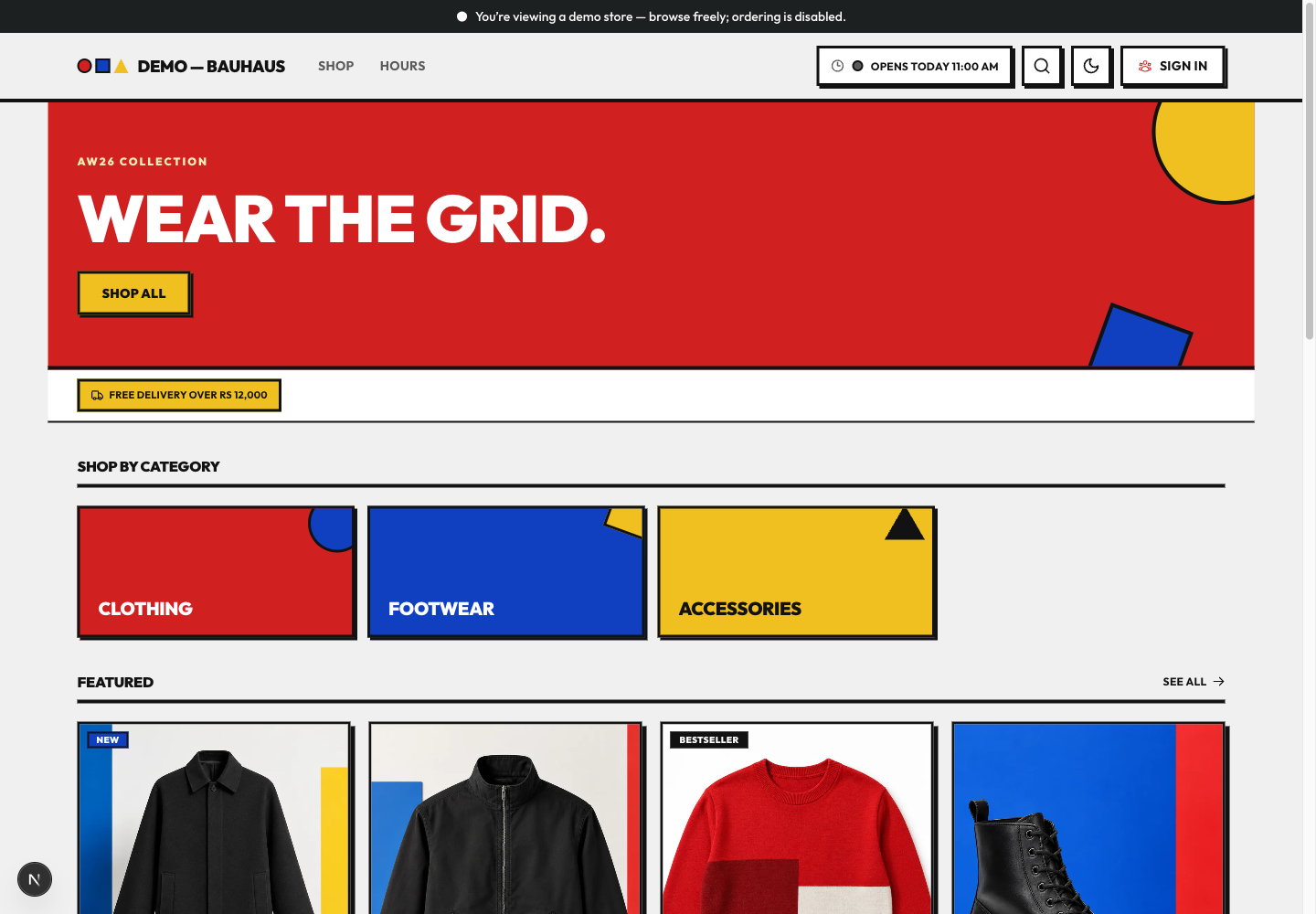 Bauhaus theme: controls and differences: inspect this theme’s layout and navigation in the example storefront.