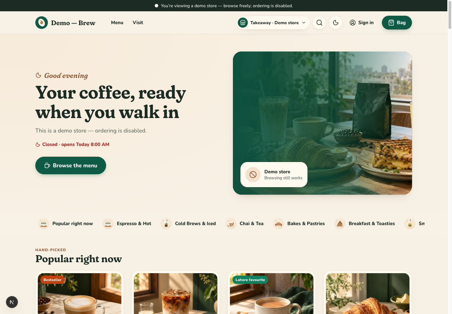 Brew theme: controls and differences: inspect this theme’s layout and navigation in the example storefront.