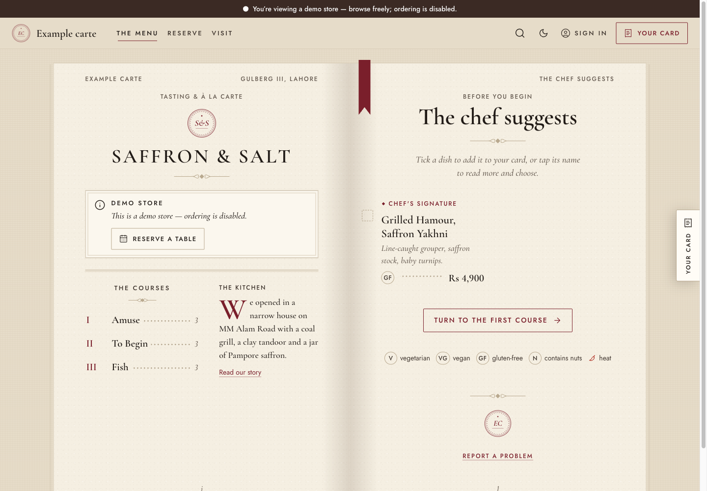 Carte theme: controls and differences: inspect this theme’s layout and navigation in the example storefront.