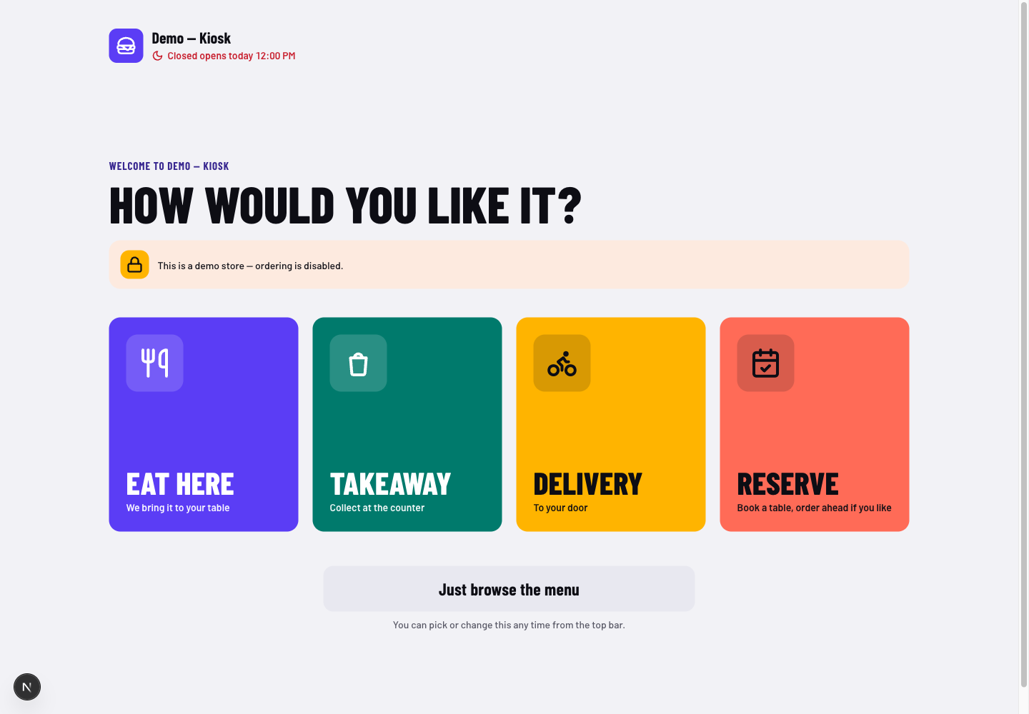 Kiosk theme: controls and differences: inspect this theme’s layout and navigation in the example storefront.