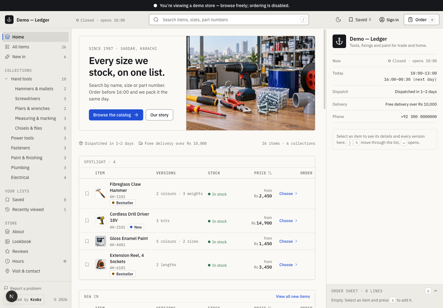 Ledger theme: controls and differences: inspect this theme’s layout and navigation in the example storefront.