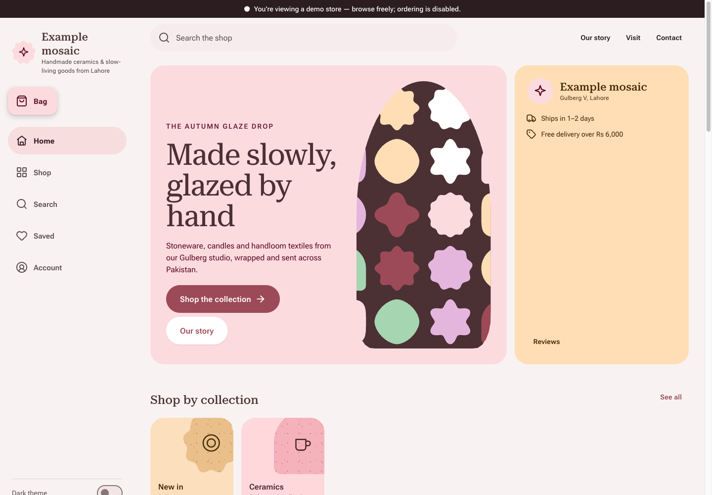 Mosaic theme: controls and differences: inspect this theme’s layout and navigation in the example storefront.