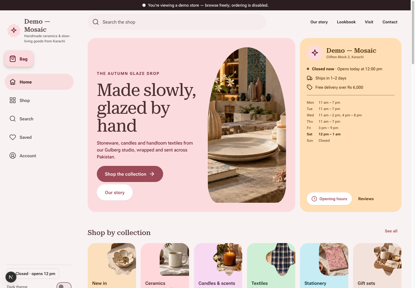 Mosaic theme: controls and differences: inspect this theme’s layout and navigation in the example storefront.