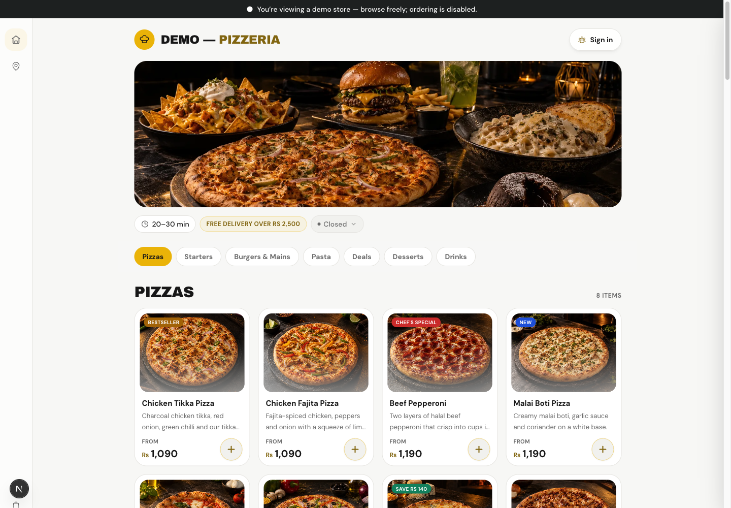 Pizzeria Bold theme: controls and differences: inspect this theme’s layout and navigation in the example storefront.